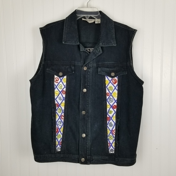 Cedars Womens Heavily Beaded Black Denim Button Vest Large Artsy Boho Vintage - Picture 3 of 12